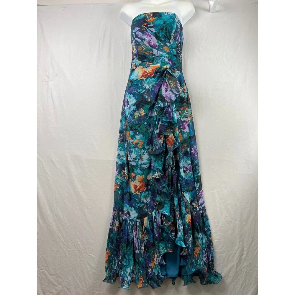 XSCAPE Floral Maxi Dress Women 6 Teal Purple Ruffle Strapless Tropical Gown - Picture 1 of 12